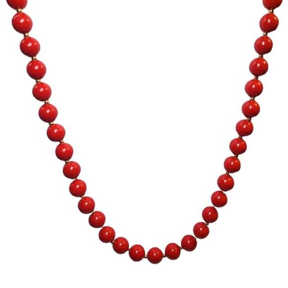 Vintage Bright Red Ball Beaded Gold Tone Layering Statement Necklace 24.5" - Picture 1 of 3